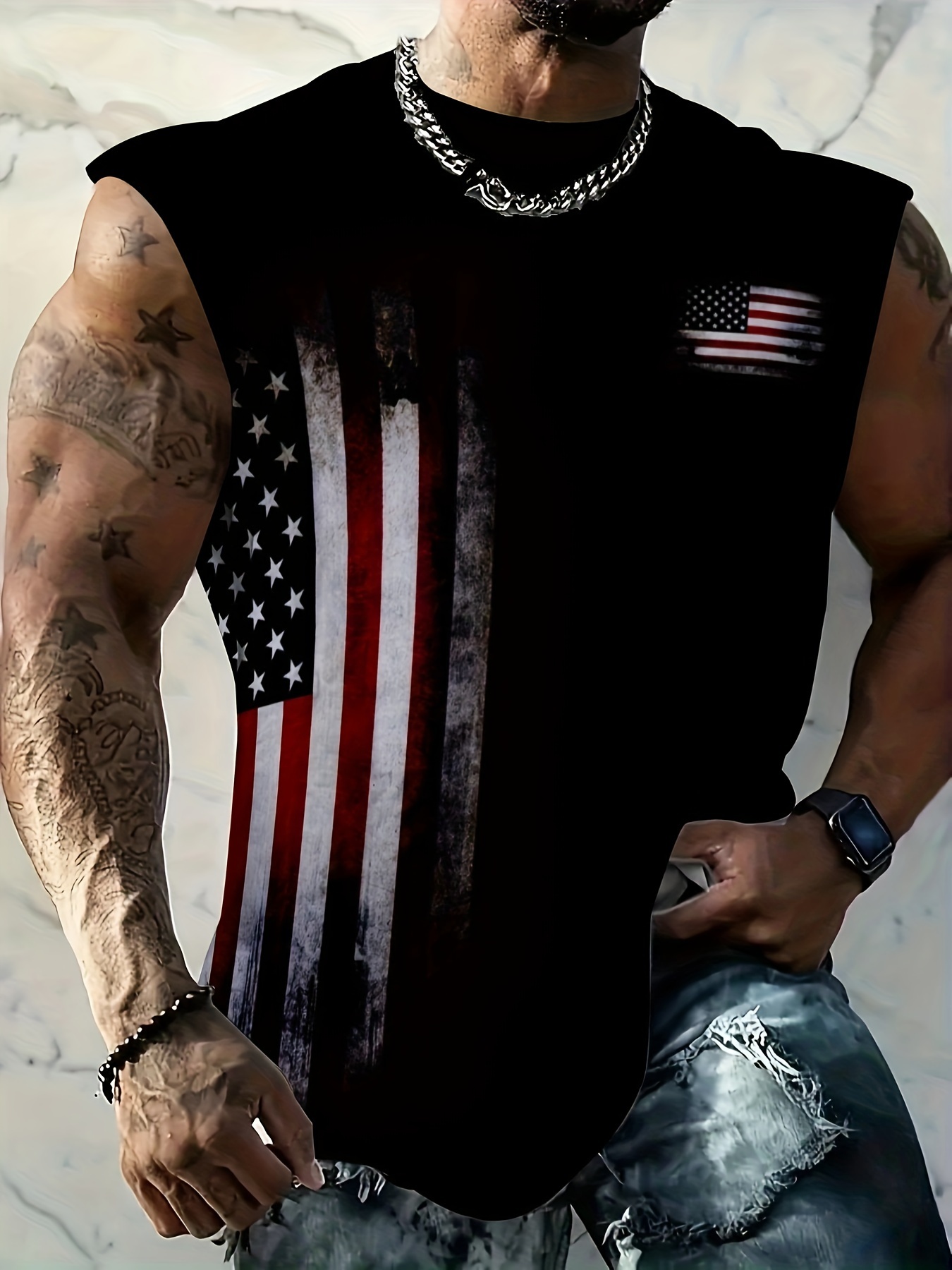 Men's Oversized Patriotic Print Sleeveless T-Shirt - Comfortable & Breathable Summer Fitness Training Vest, 95% Polyester with Spandex, Machine Washable, Regular Fit for Men & Teens, Basketball Training Gear | Casual Style Vest | Polyester Spandex Blend, PLUS SIZE