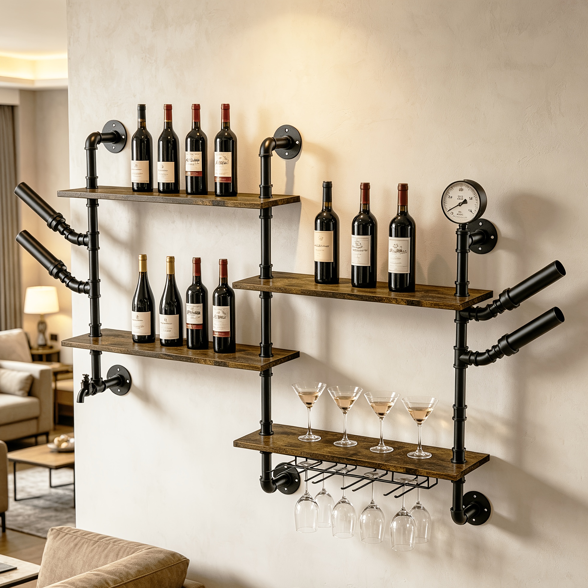 Image of 4 Tier Wine Rack Industrial Wall Floating Bar Liquor Shelves Bottle Holder With 4 Stem Glass Holder, Pipe Shelf Shelving Wine Glass Rack, Wall Mounted Living Room Kitchen Decor