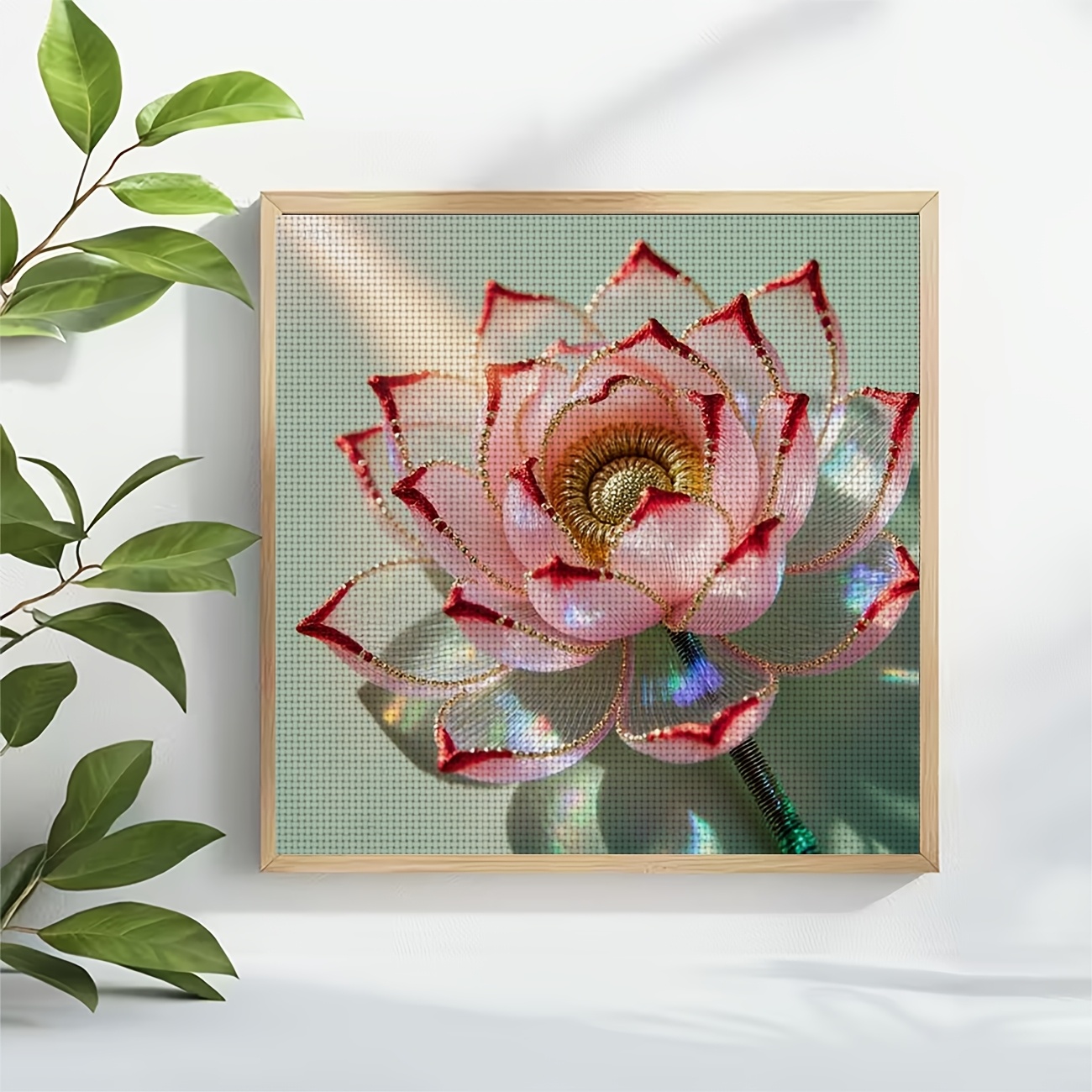 Cross Stitch Kit, Pink Lotus with Red Edges, Ideal for Beginners