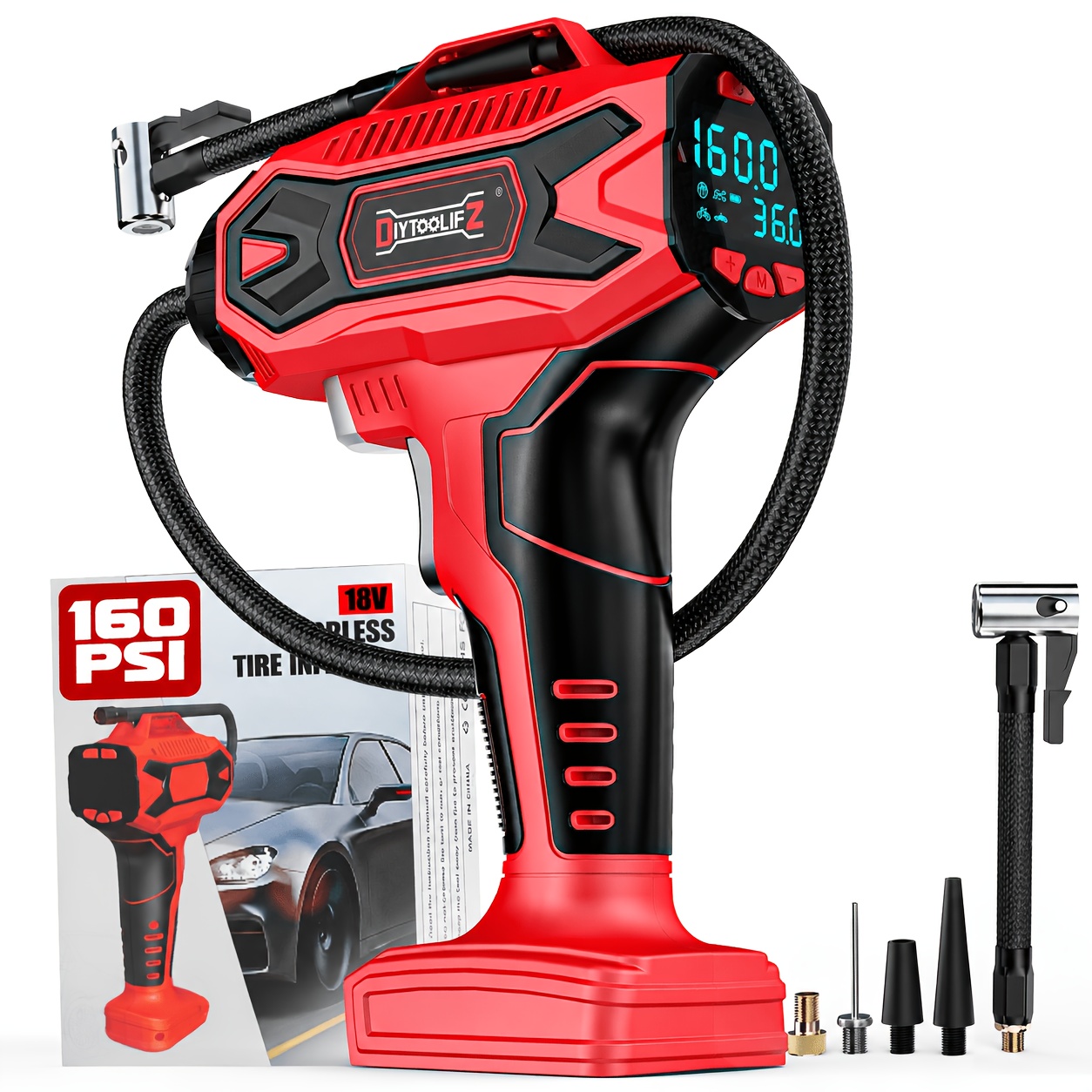 TEMU Diytoolifz Cordless Tire Inflator Air Compressor, Suitable For 20v And 18v Batteries, 160psi Portable Handheld Air Pump With Digital Pressure