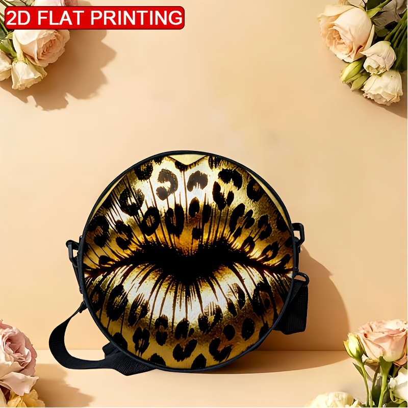 TEMU 1 Women's Shoulder Bag Golden Background Leopard Print Lip 2d Printing, Adjustable Shoulder Strap, Zipper Closure, Backpack Style | Casual And