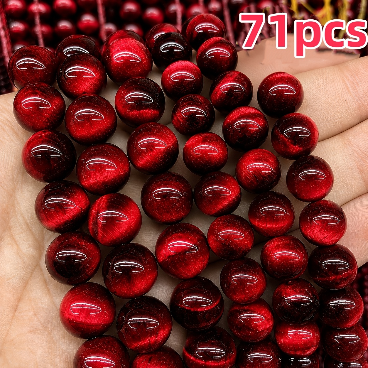 TEMU 71pcs Perles en verre 8mm rouge-noir effet œil de tigre avec trous, fournitures de perles pour bijoux, décoration de papeterie pour sacs de