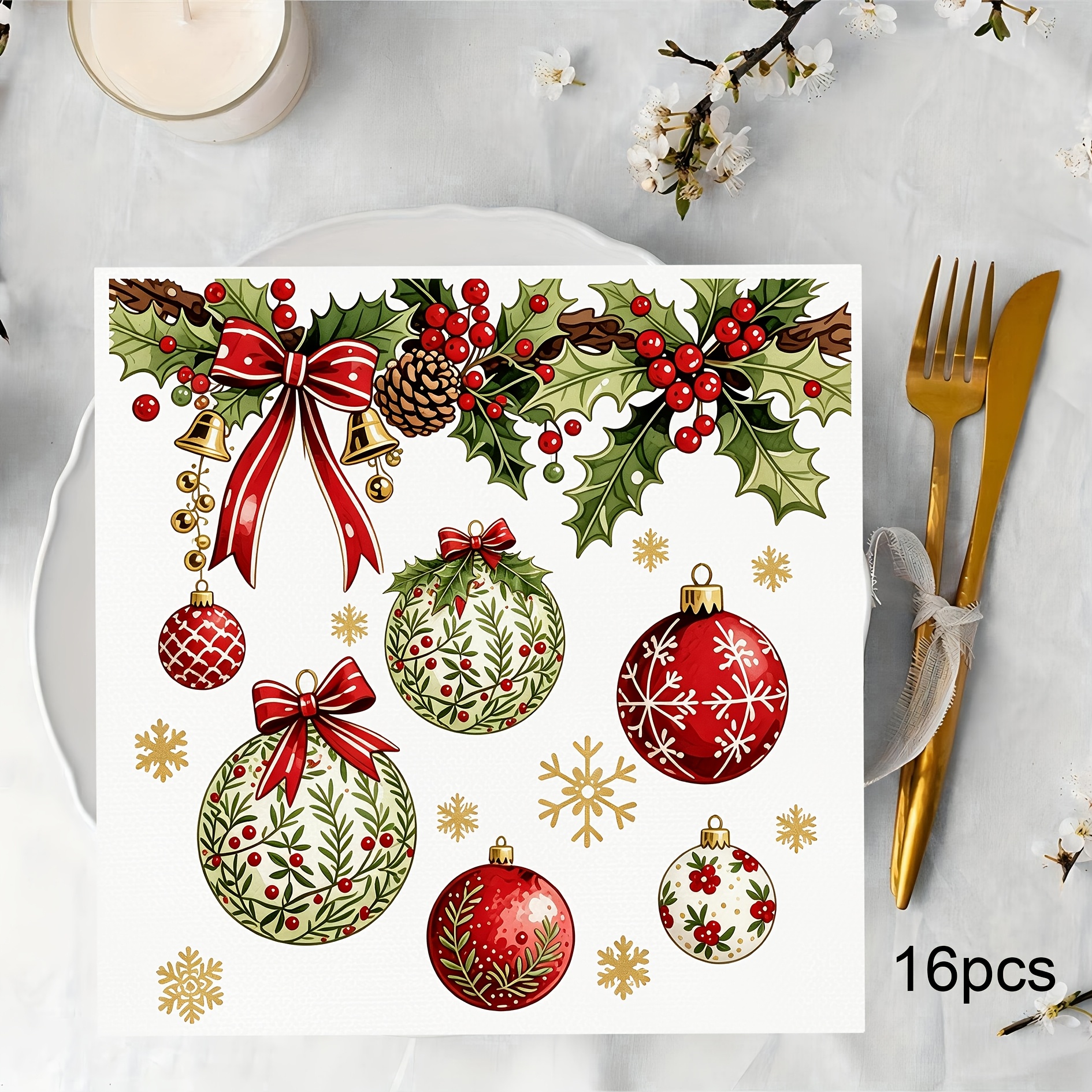 TEMU 16pcs Painted Christmas Ornaments Pattern Printed Dust-free Napkins, Disposable Thickened Tissues, Linen Texture Napkins, 12.5x12.5cm, Suitable
