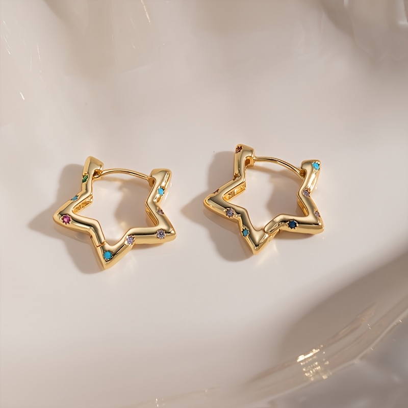 TEMU 1 Pair Of Ins-style Sweet And Cool Hollow-out Five-pointed Star Ear Cuffs With Multicolored Synthetic Zirconia Star Ear Hoops, Niche And Daily