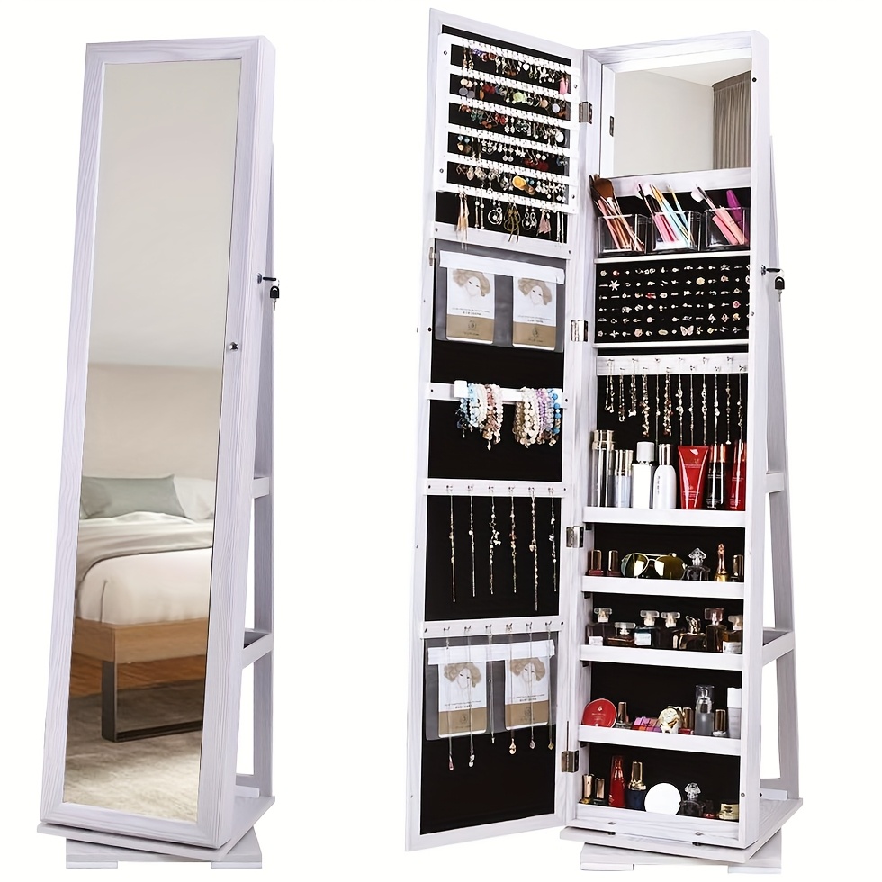 TEMU Soges 360° Rotating Jewelry Storage Cabinet, Secure Jewelry Featuring A Full-length Mirror, Freestanding Jewelry Organizer With Shelves, Jewelry