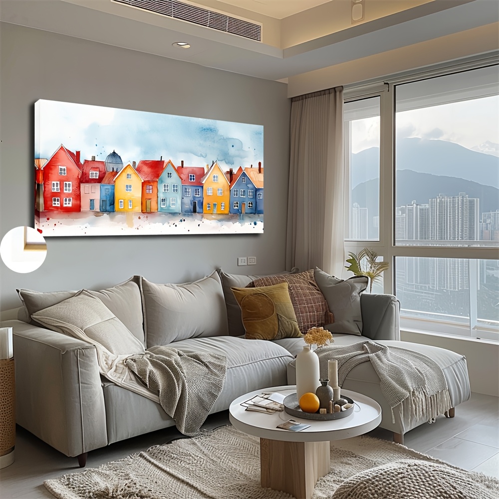 TEMU 1pc Canvas Decorative Painting With Frame, Oil Painting Landscape Decoration, 50x100cm, 20x40 Inches, Colorful Houses, Suitable For Wall