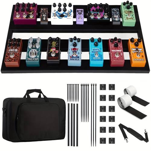extra large 28 gitarrenpedalboard mit tragetasche, strapazierfähige metallkonstruktion, leichtes 4-reihiges abgewinkeltes design aus flugzeugaluminium, inklusive kabelbindern und klettverschlüssen.