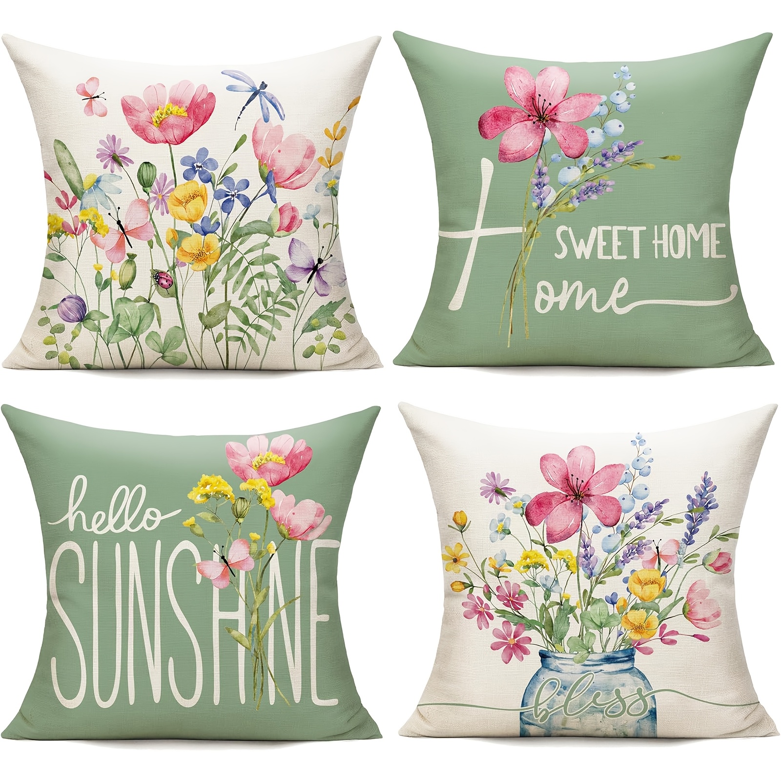 E-shop 4er-Set Outdoor-Zierkissenbezüge mit Federkissen 18X18, Gartenblumen, Bauernhaus, Terrassen-Dekor, Kissenbezüge, , Couch für Sofa, Schlafzimmer,