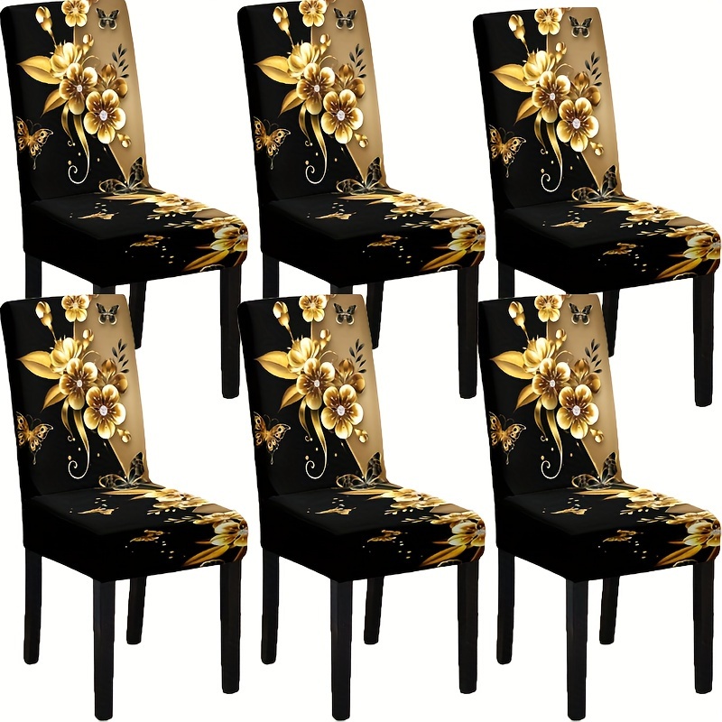 

4/6pcs Black Golden Flower Chair Cover, Fabric, Washable And Anti-slip Chair Cover, Home Decoration Dust Protection Cover, Suitable For Hotels, Restaurants, Living Rooms And