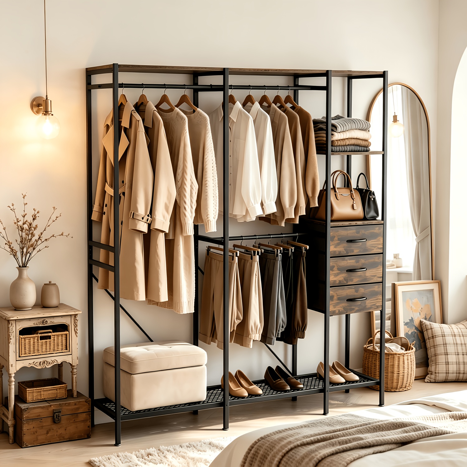 Image of Multifunctional Open Wardrobe Clothes Rack With 3 Hanging Rails, 3 Storage Shelves & 3 Fabric Drawers, Freestanding Garment Rack Organizer With Shoe Storage For Bedroom, Hallway
