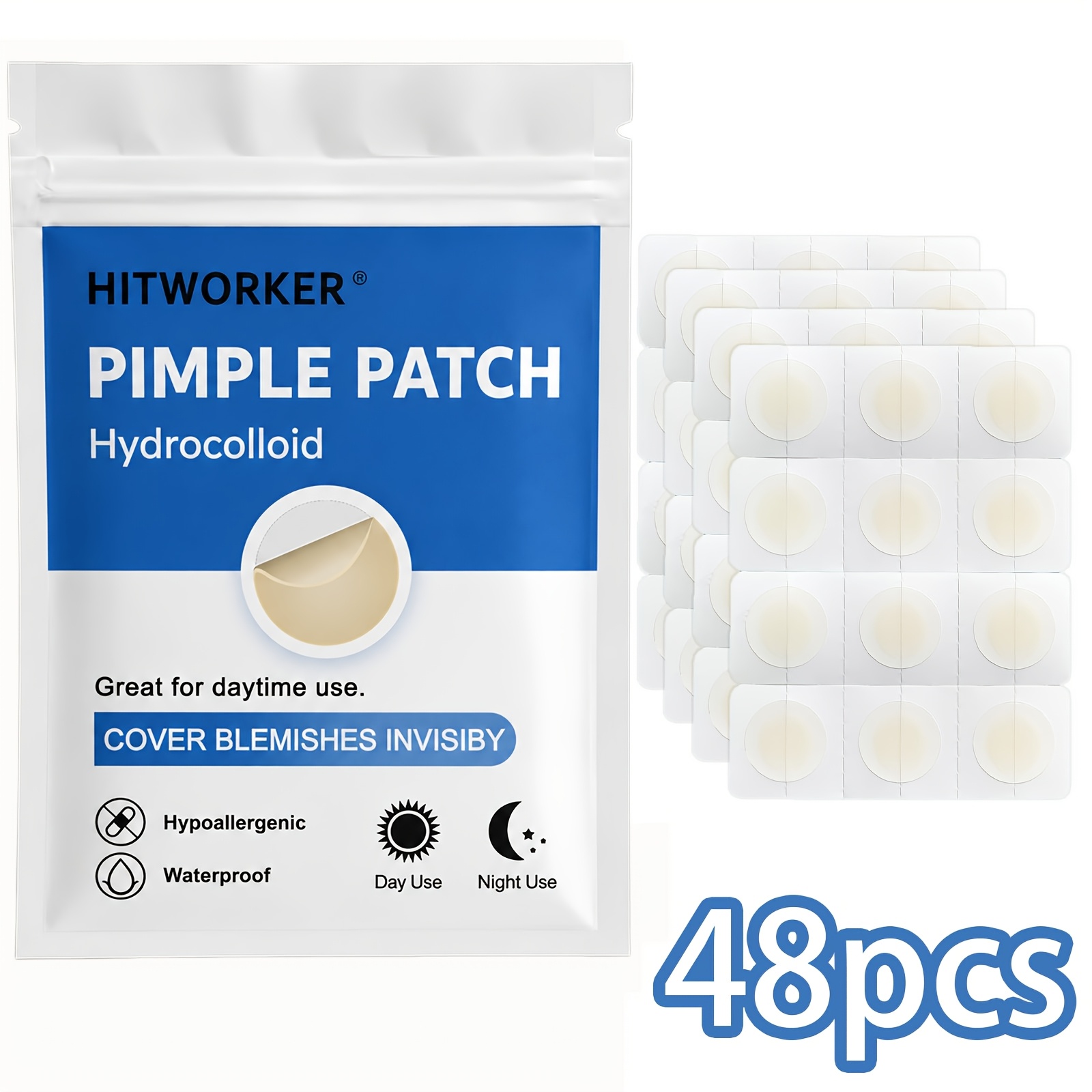 Image of 48 Count Hydrocolloid Acne Blemish Patches With Oil & Hyaluronic Acid, Invisible Pimple Covering Patch
