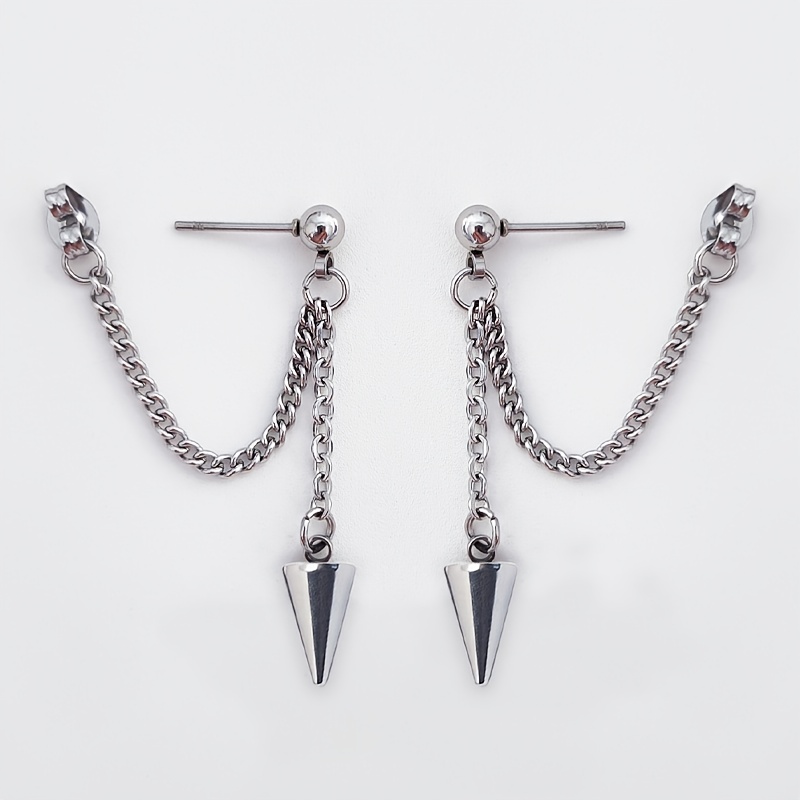 A Pair Of Stainless Steel Pointed Cone Pendants With Front And Back Chain Design, Hypoallergenic Punk Earrings