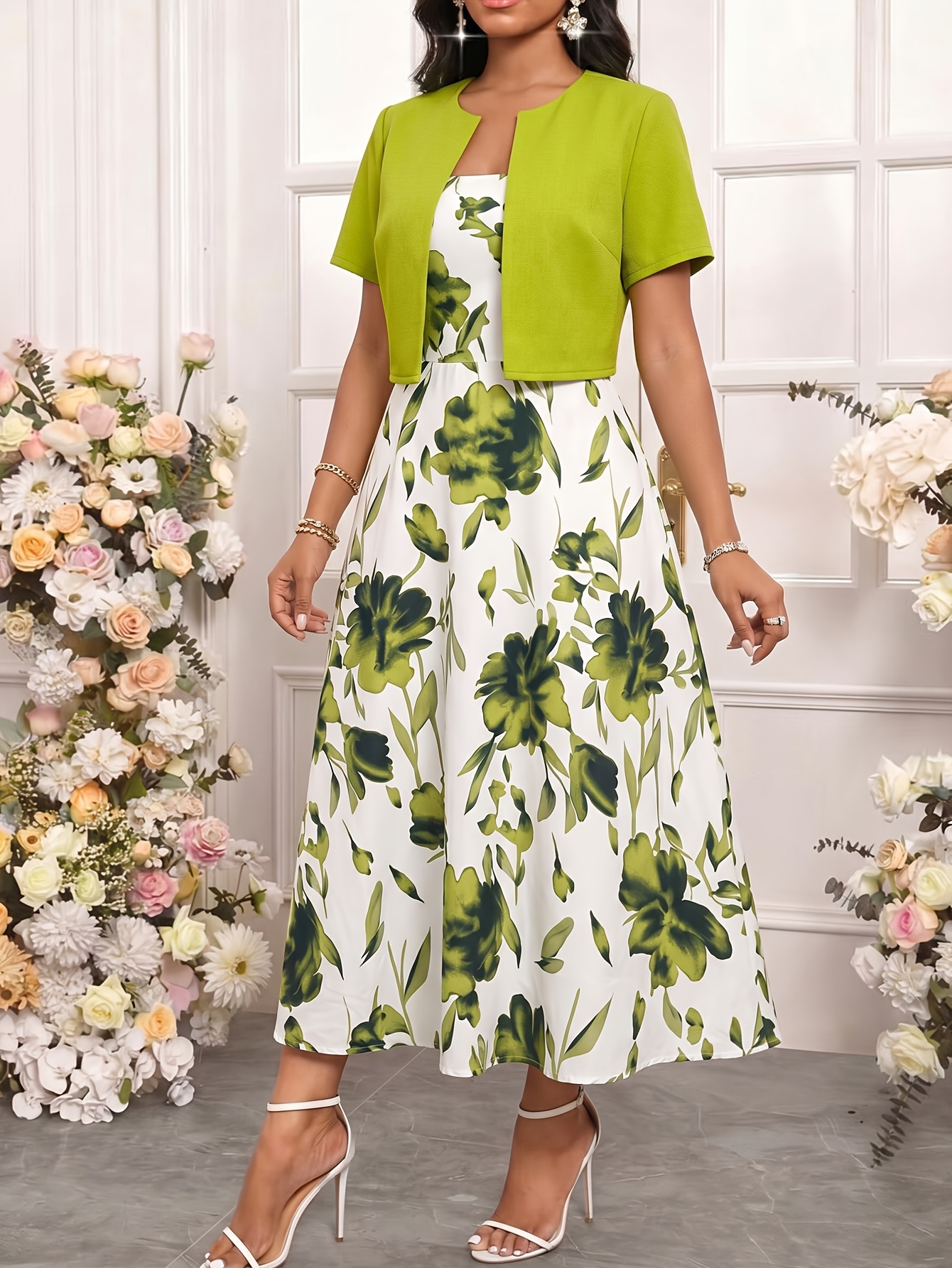 ladies dress and jacket for wedding Plus Size Women'S 2pcs Set, Green Printed Short Suit, High-Waist A-Line Shape Tummy Control, Elegant Commuter Style, Suitable Guests/Office/Church, Spring Summer Set dress with jacket outfit