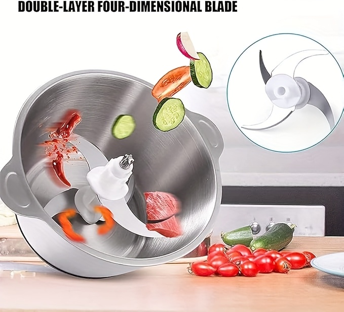 8 cup electric food chopper 2l 148w meat grinder with 4 bi level blades stainless  l mincer for kitchen vegetables onion garlic salad fruit nuts usb rechargeable 36v operating voltage salad chopper modern kitchen gadget durable stainless   Product details 1