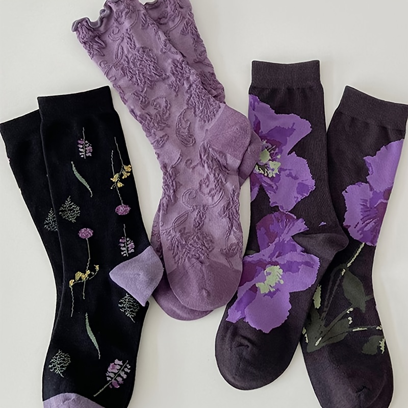 E-shop 3 Paar lila wadenhohe Socken, niedliche hochwertige Oberbekleidungssocken im Wald-Stil im japanischen Stil, mädchenhafte lila geprägte wadenhohe