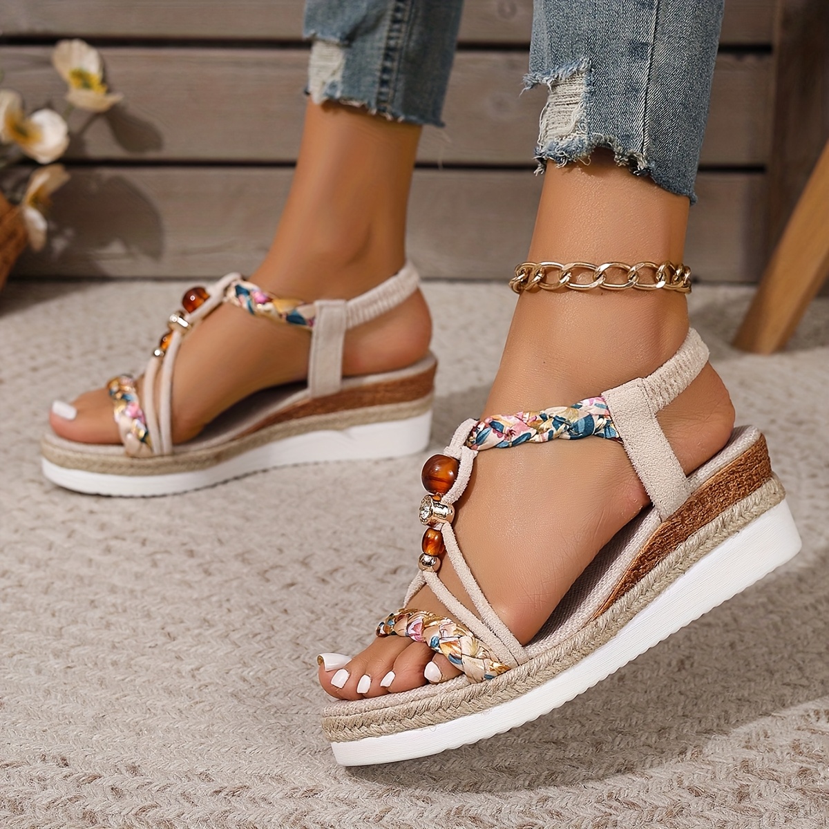 sandalias cuña mujer boho chic color beige cordones Temu