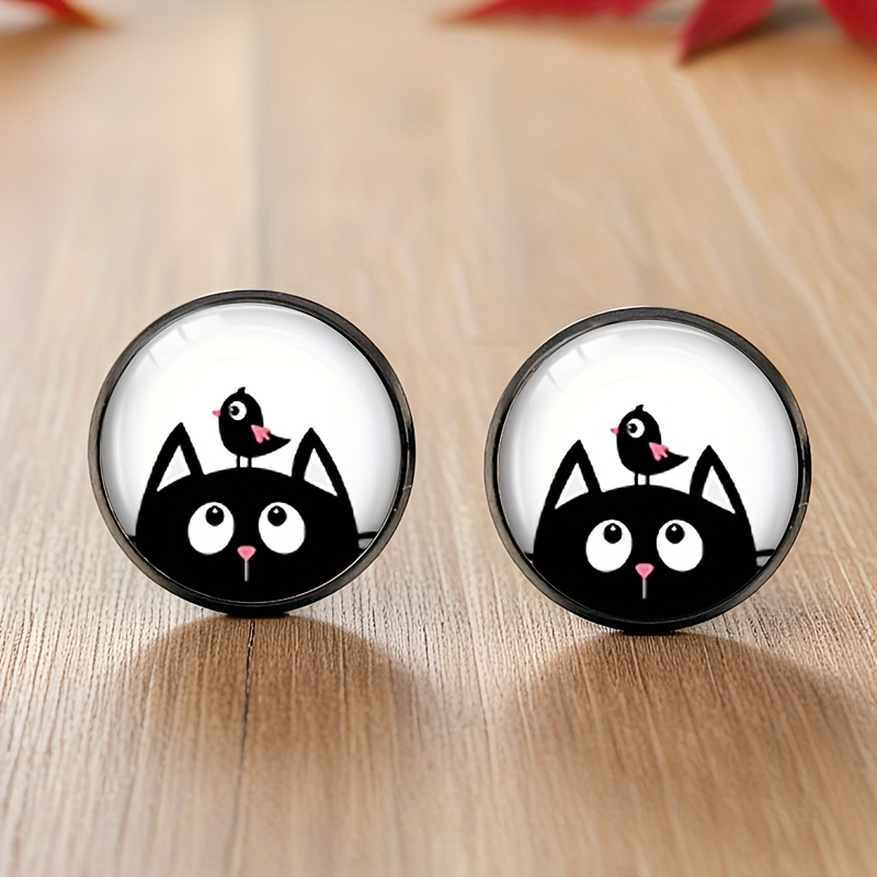 TEMU 1 Pair Cute Black Cat With Bird Black Stud Earring Round Glass Cabochon Earrings Handmade Jewelry
