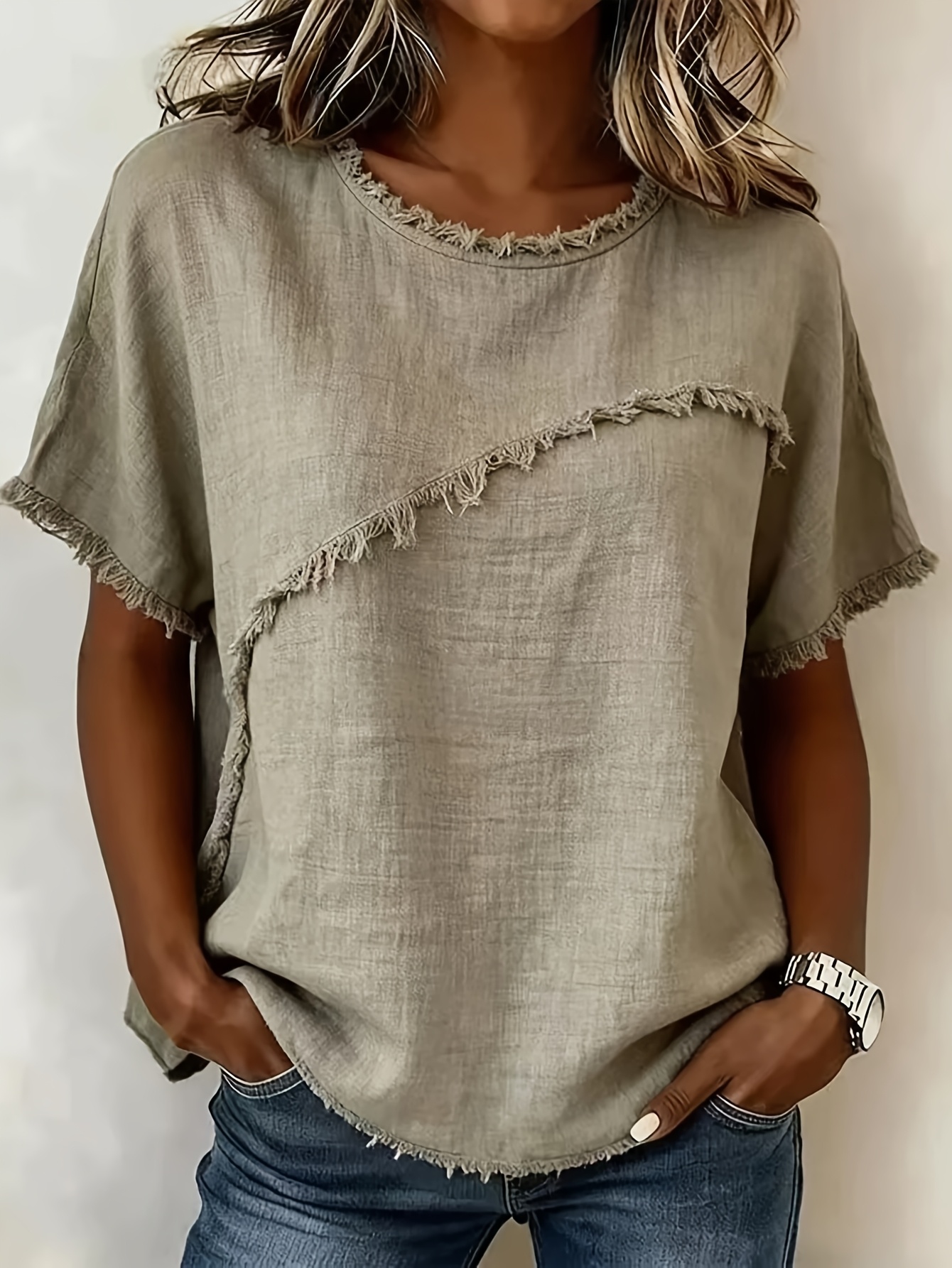 2026 womens spring summer new arrival round neck short sleeve fringed   linen shirt