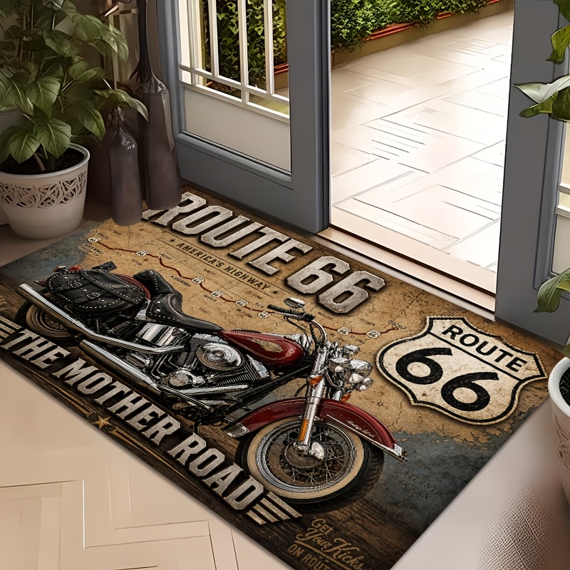 TEMU 1pc Motorcycle Mat Suitable For Home And Outdoor, Machine Washable Entryway Rug With Iconic Design, Retro Motorcycle Print For Bedroom, Balcony,