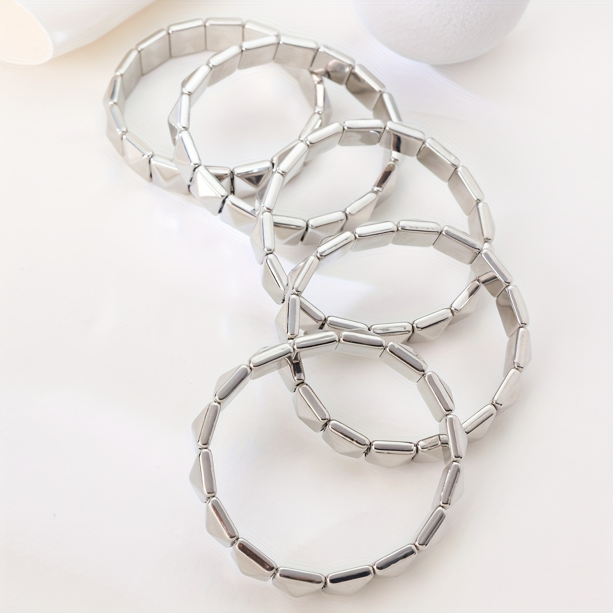 Punk Five Ring Silvery Elastic Bead Bracelet Set for Women