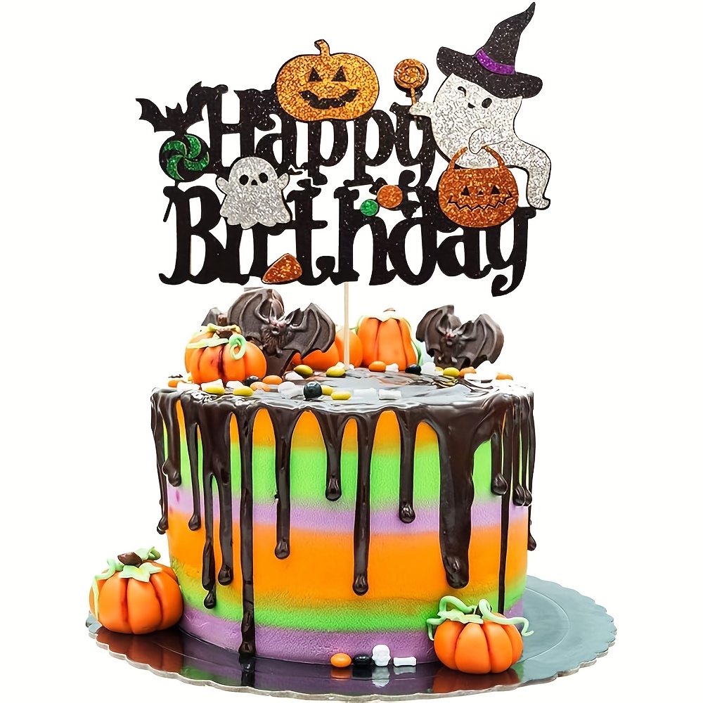 TEMU 1pc Halloween Happy Birthday Cake Topper Glitter Pumpkin Candy Bat Birthday Cake Pick For Creepy Theme Party Cake Decorations
