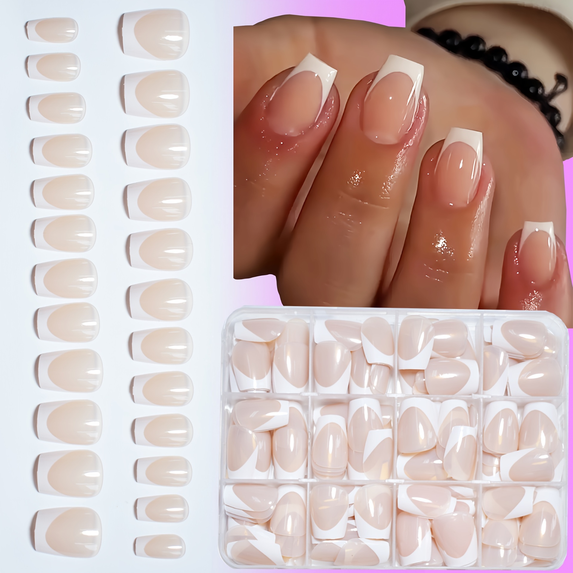 

288pcs Gentle, Fashionable And High-end White French Striped Short Square False Nails Simple Press-on False Nails Suitable For All Women's