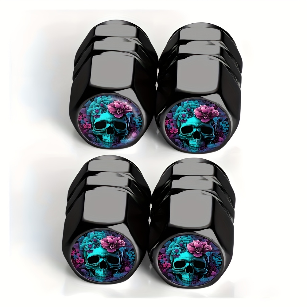 TEMU 4pcs Black , Flowers, Dark, Fantasy, Art Pattern Tire Valve Caps - For Cars, Trucks, Suvs And Motorcycles, Durable Aluminum Alloy, Stylish And