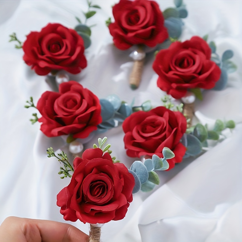 

6pcs Bohemian Style Artificial Rose Boutonnieres With Greenery Accents, Perfect For Groom & Groomsmen Wedding Decor, Prom, Anniversary, Daily Wear