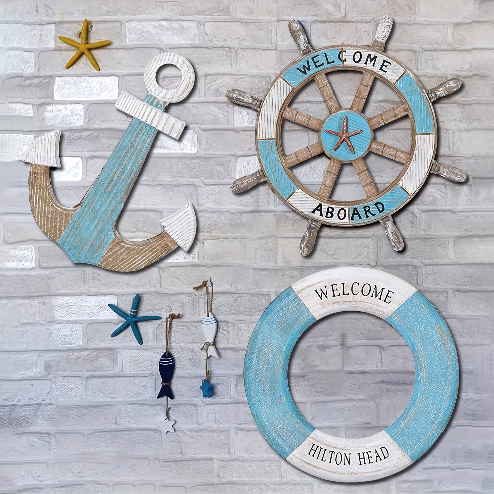 E-shop 3-teiliges Wanddekor-Set mit nautischem Motiv, Holz-Anker, , Wandbehang-Dekoration mit Meeresmotiv, nautische Innendekoration, geeignet für