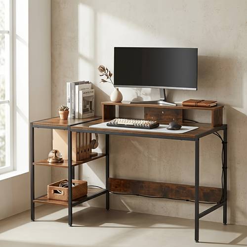 rustic modern freestanding office desk black mdf hardwood computer desk with storage shelves metal frame easy assembly for home office or