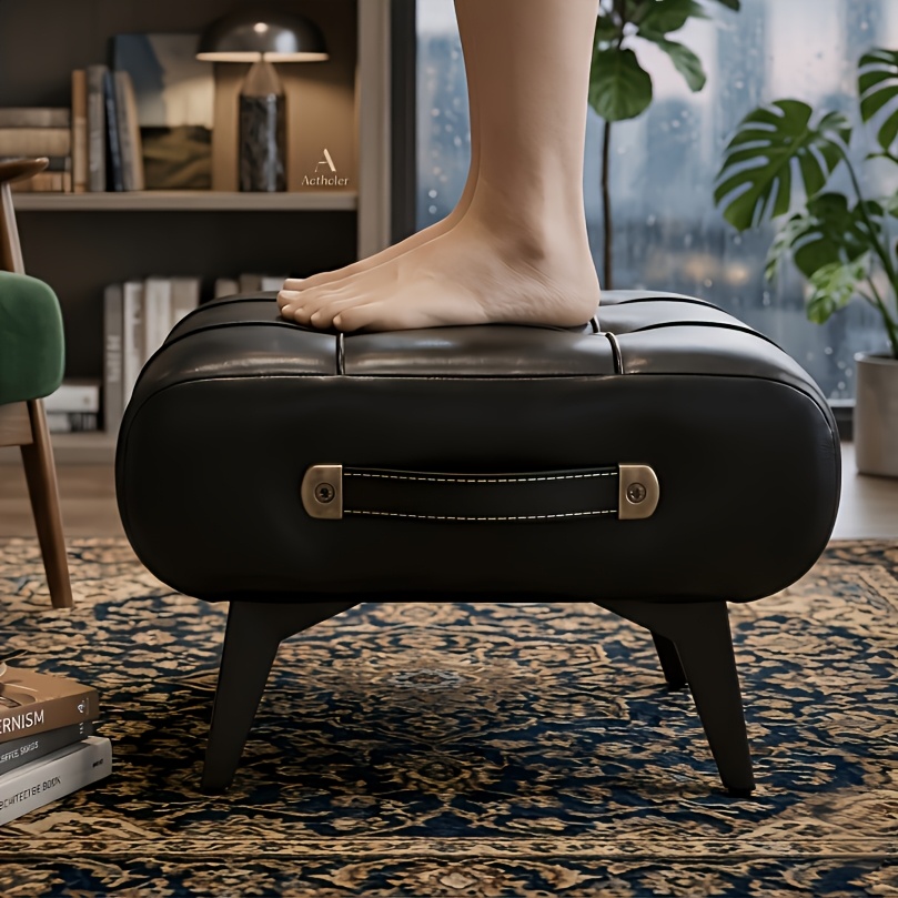Image of Modern Faux Leather Ottoman Pouffe Bench With Portable Handle - Convertible Footrest & Coffee Table Stool, Small Square Padded Seat Suitable For Living Room, Frame, Space- Multifunctional Furniture
