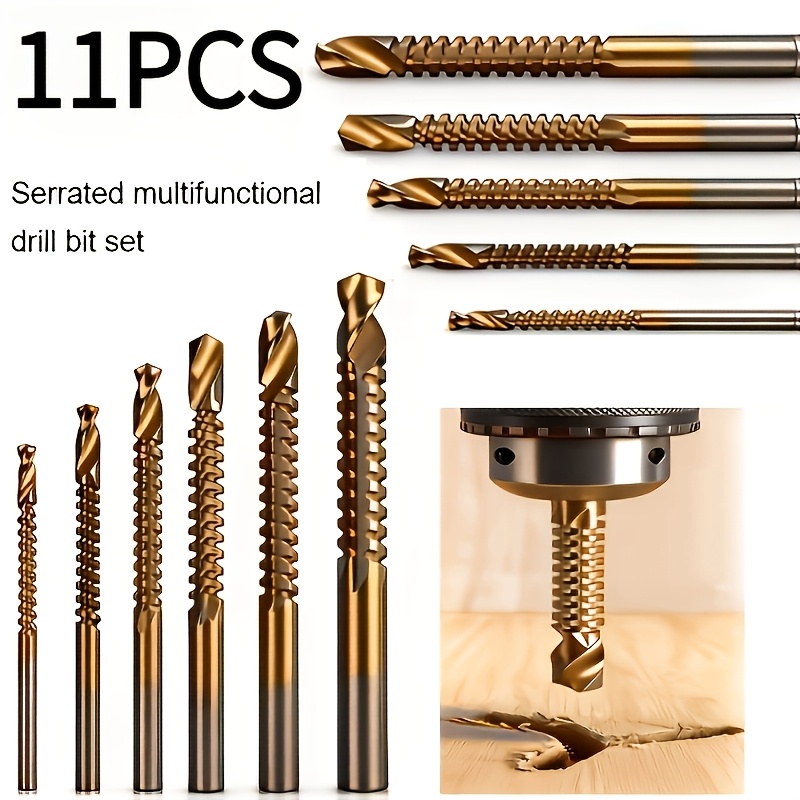 TEMU 11pcs Titanium Coated Hss Saw Drill Bit Set M3-m8, 3-in-1 Drilling, Cutting And Grooving Tool With Sharp Side Edges, For Metal, Wood, Plastic,