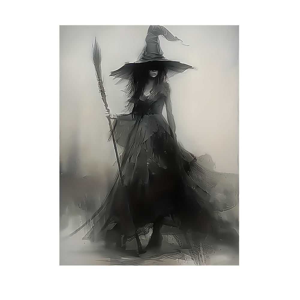 

Elegant Witch & Broomstick Canvas Art - 12x16" Frameless Modern Wall Decor For Home, Perfect For Halloween