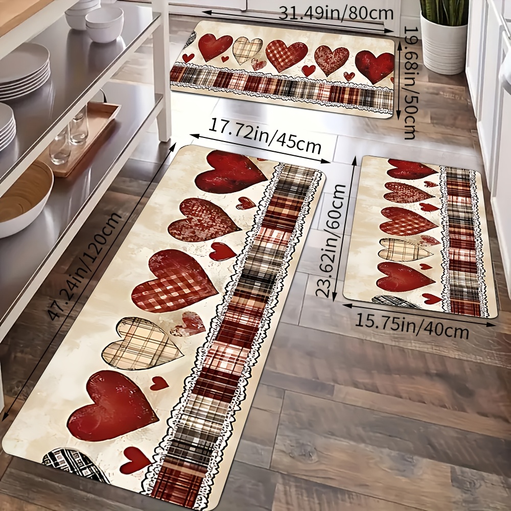 TEMU 2/3pcs Set Of Heart Checkered Soft Mats, Vintage-style Rugs, Rug Set Suitable For Kitchens, Living Rooms, Laundry Rooms, And , Long Floor Mats,