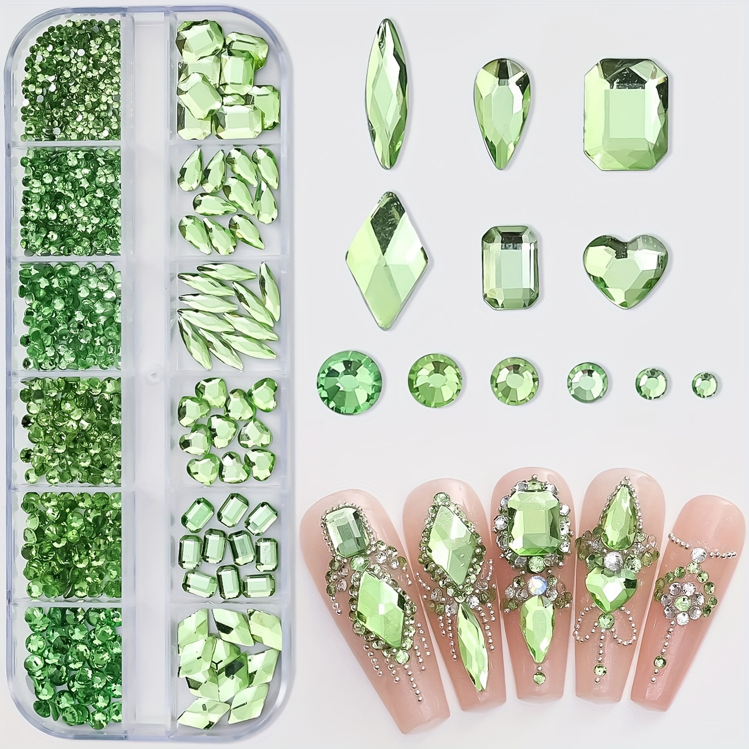 

Green Nail Art Rhinestones, 3d, Flat Rhinestones, Various Shapes And Sizes Nail Designs For Women, Nail Charms Decoration, Diy Making Craft Supplies