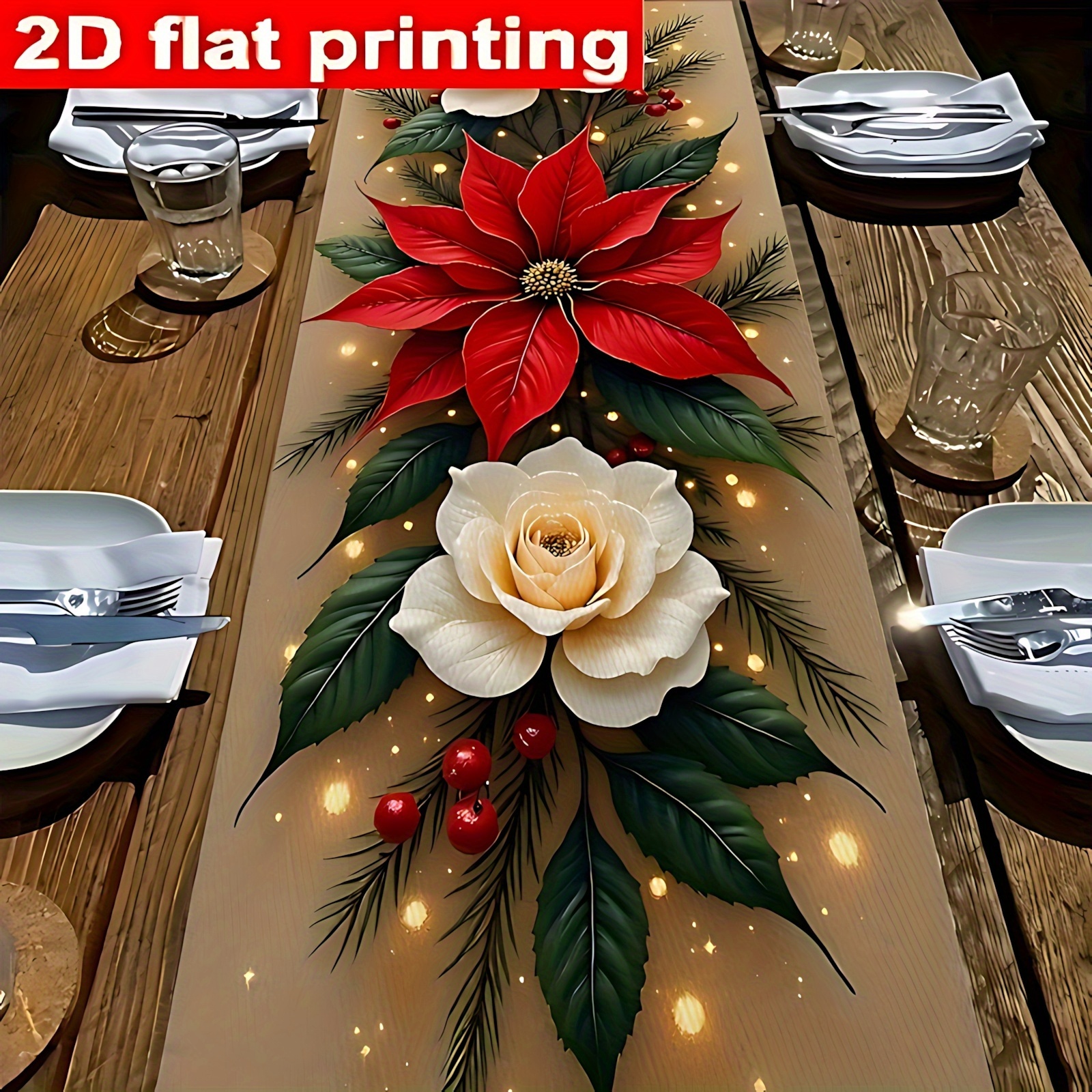 1pc 2dflat Elegant White Rose And Pine Table Runner - Printed Festive Decor, With Red Pomegranate And Green Leaves, Durable Fabric, Suitable For Christmas