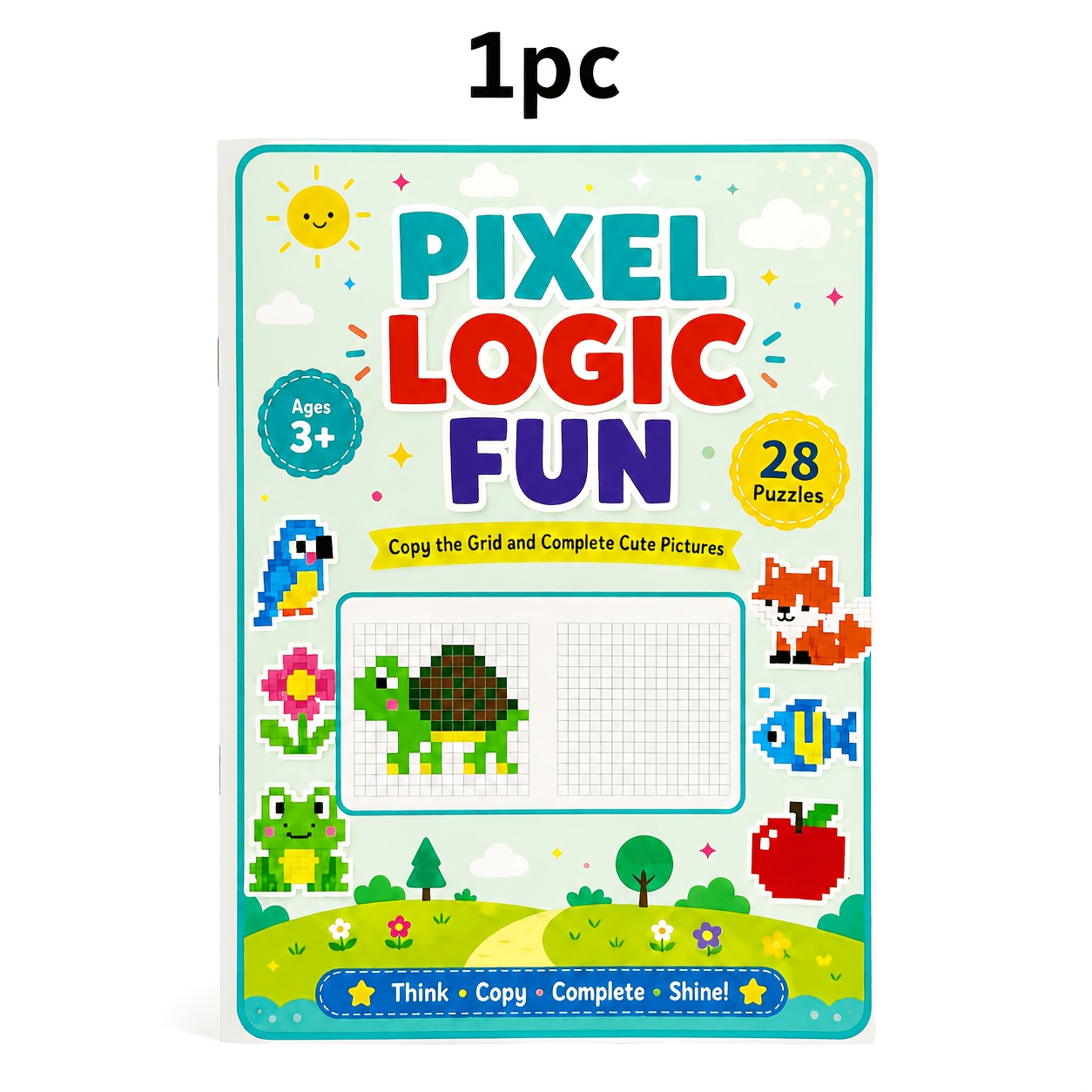 TEMU Children Pixel Logic Fun Activity Book, 28 Pages Grid Copy And Picture Completion Puzzles, Educational Brain Game Workbook For Kids Ages 3  To