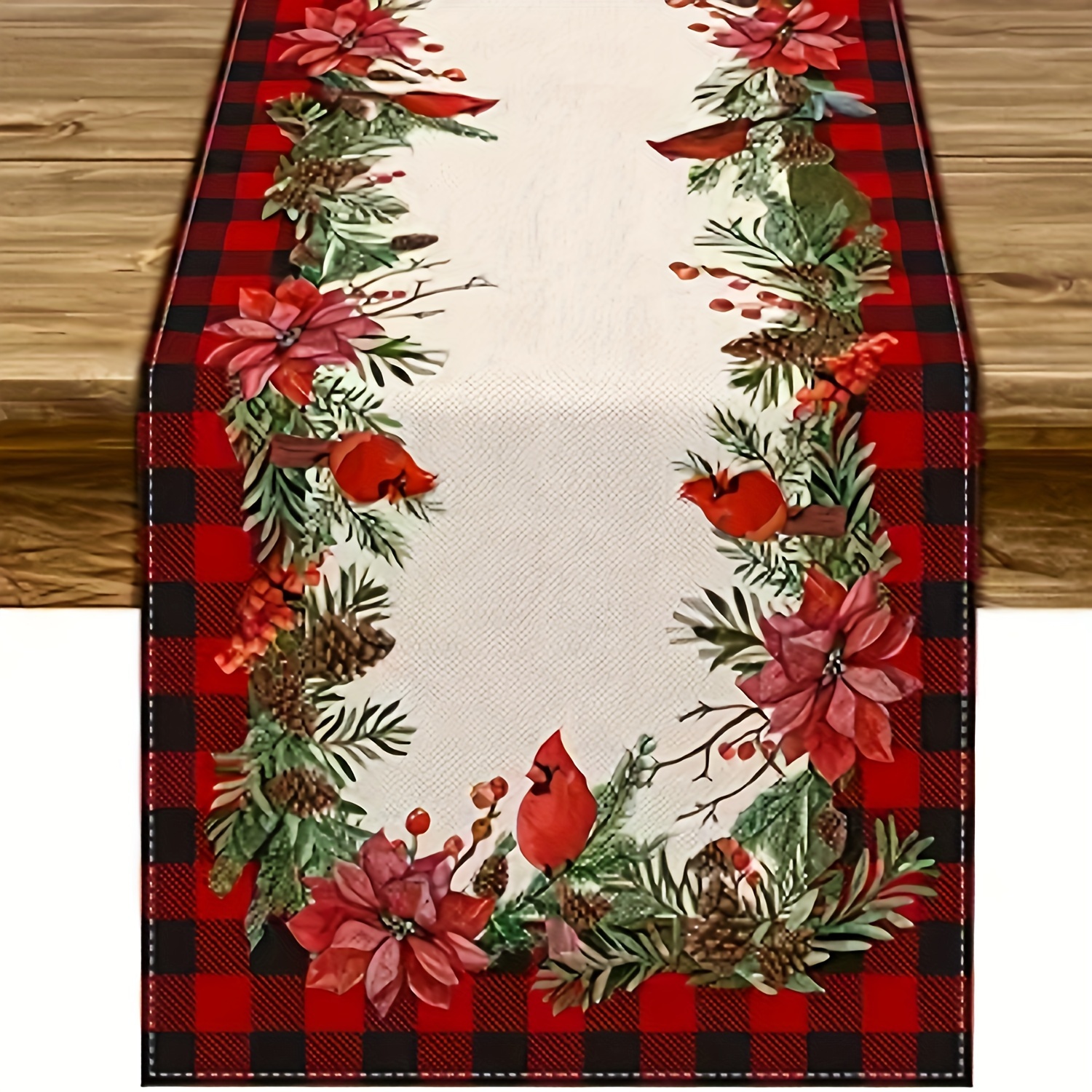 

Christmas Table Runner - Woven Polyester, Red And Black Plaid With And Poinsettia Pattern, Rectangular, Festive Dining Room Decor, Holiday Flowers Design (1 Piece)