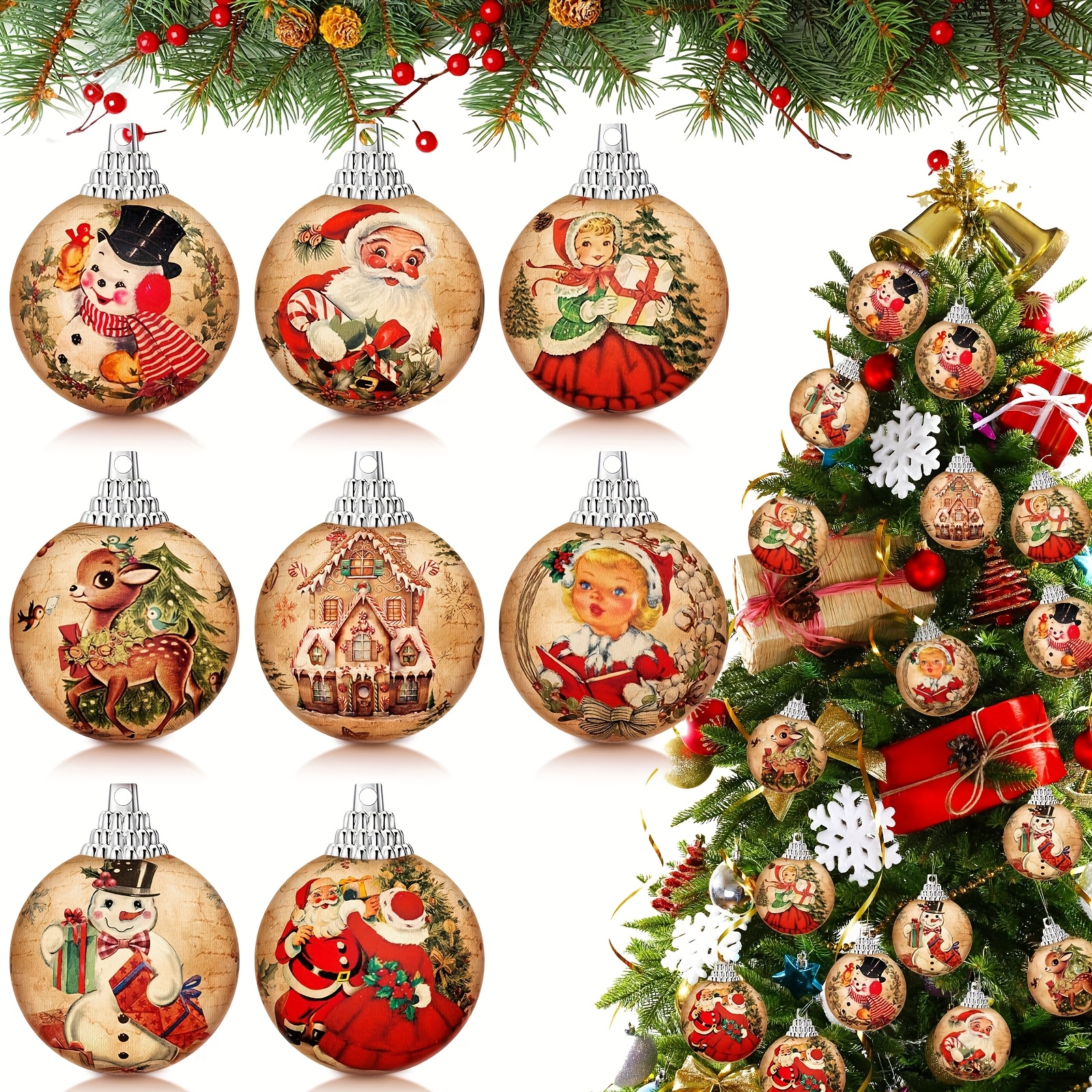 TEMU 8pcs Vintage Christmas Tree Ornament Set With Farmhouse Tree Topper - Classic Round Baubles, Santa & Snowman Decorations, Artificial Material