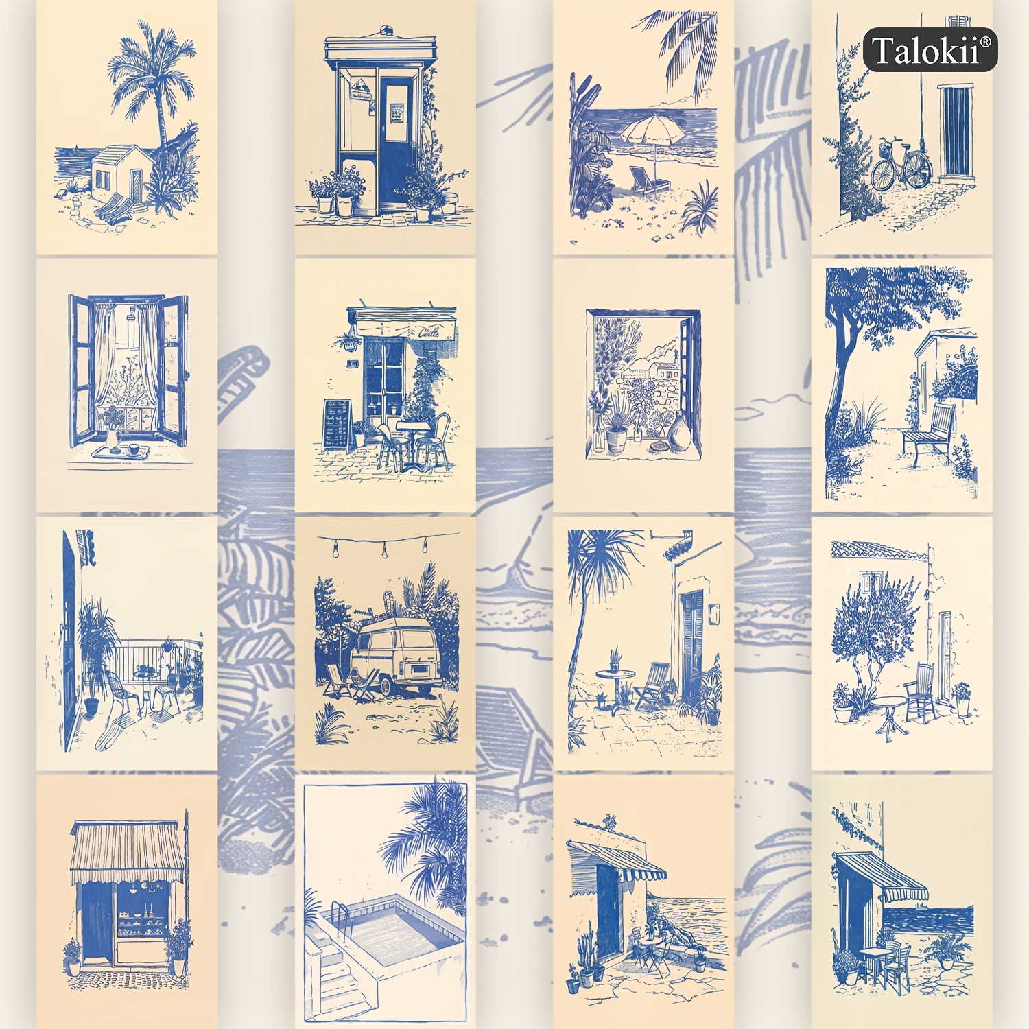 TEMU Lot de 16 cartes postales de méditerranéens, 10 x ( 4 x 6 pouces), cartes d'illustration bleues et beige de rues et de cafés pour le journaling,