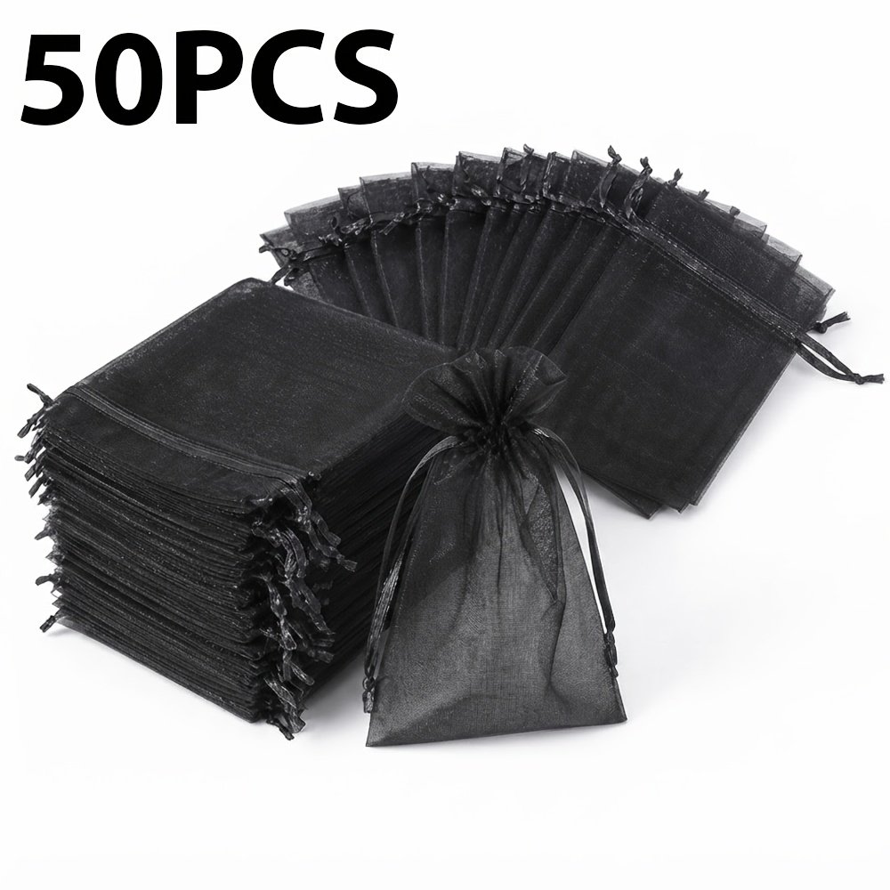 TEMU 50pcs Sacs à cordon en organza noir/blanc élégants, fabriqués à partir d'organza transparent de qualité supérieure - Ce stylé est doté d'une