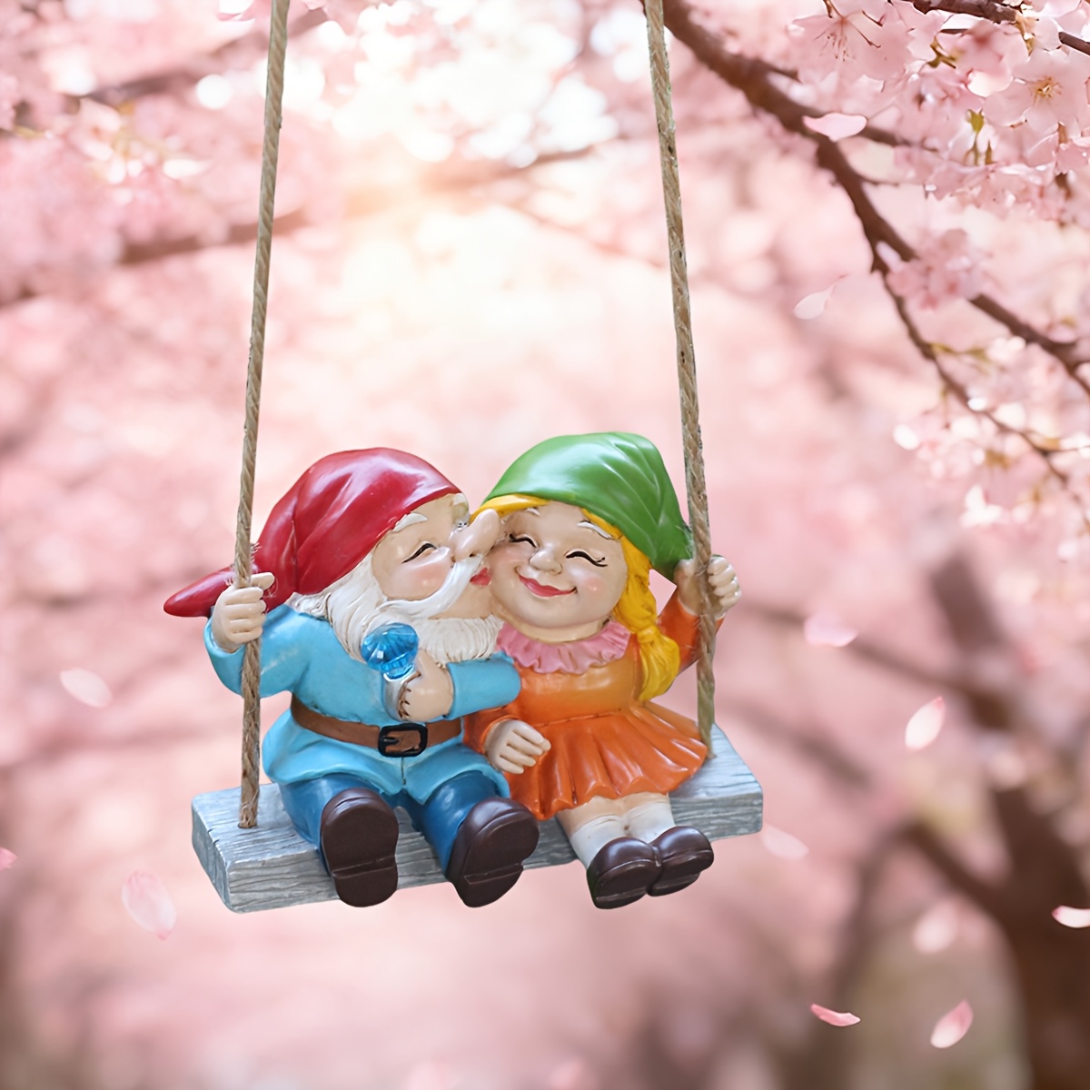 TEMU Bohemian Tale Couple Dwarf Swinging Swing - Resin Goblin/ Hanging Statue, 4.33-inch Miniature Wedding & Valentine's Decor, 's Day Ornament For