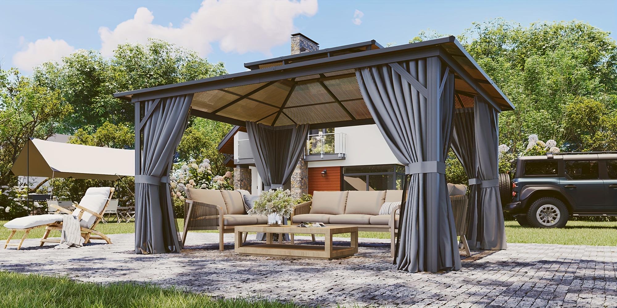 14'x12' Hardtop Gazebo for Patio, Outdoor Aluminum Gazebo with Double Roof, Curtains & Netting, Weather-Resistant Permanent Pavilion, Backyard Patio Furniture for Garden, Lawn, Deck (Gray)
