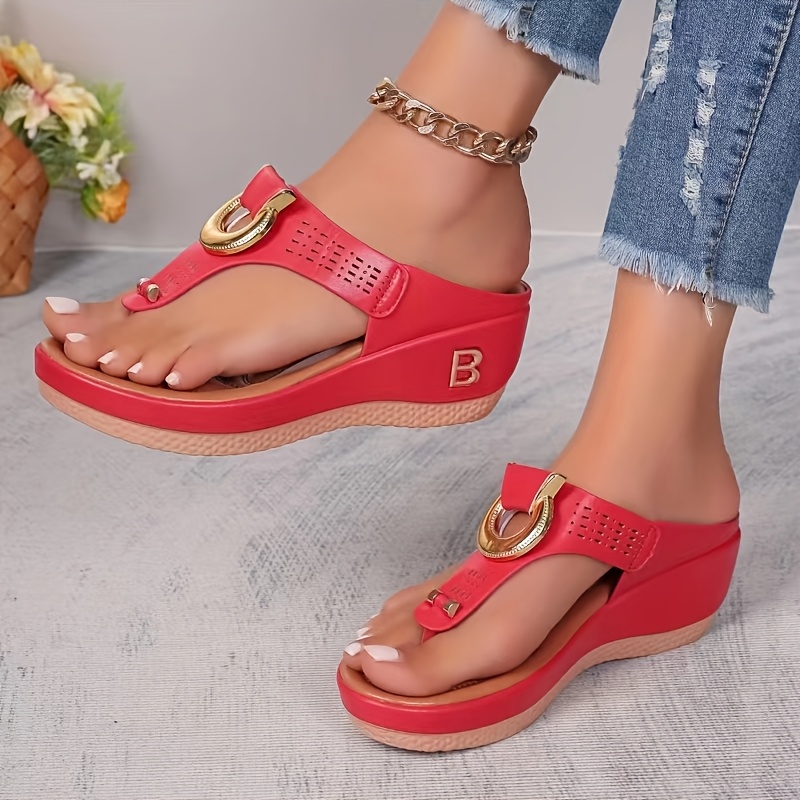 Women's Wedge Heel Sandals with Golden Metal Buckle and Laser Cut Design - Breathable Synthetic Upper, Cushioned Insole, Suitable for Summer Casual and Formal Wear
