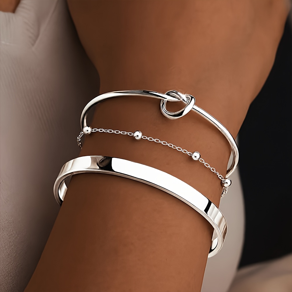 TEMU 3pcs Set Of Light Luxury Elegant Stainless Steel Multi-style Fashionable Bracelet Combination, Classic And Versatile, Suitable For Daily
