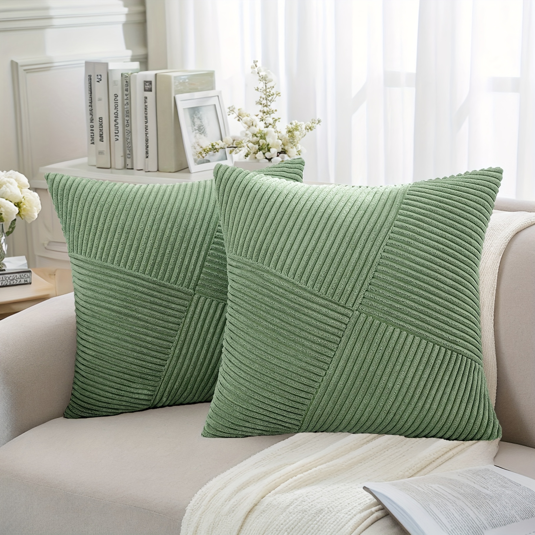 Image of 2pcs Windmill Textured Striped Corduroy Throw Pillow Covers - Soft Decor, Zipper Closure, 16x16/18x18/20x20 Inch, No Inserts, Hand Wash Sofa, Couch, Bedroom