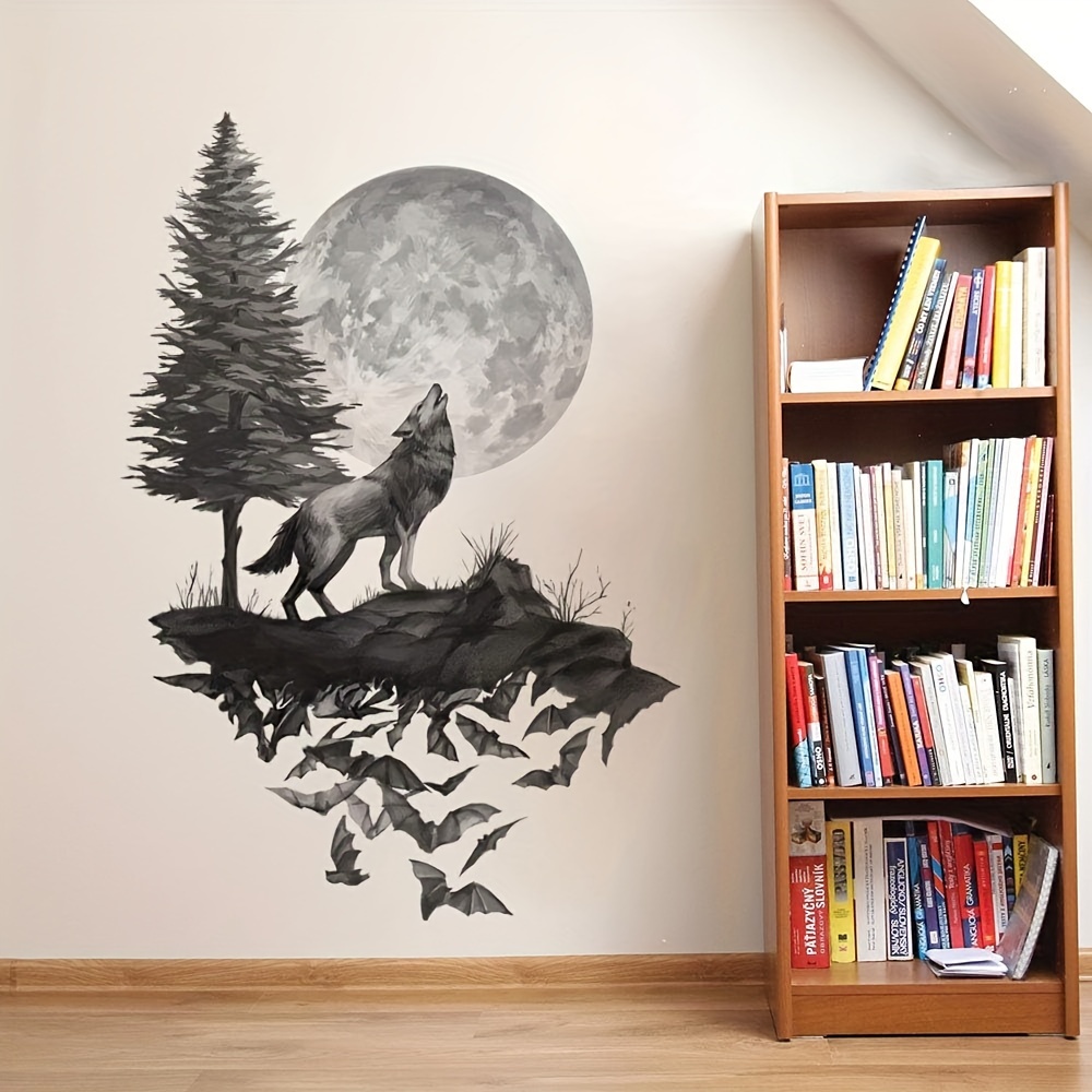 2pcs Under The In Wolf Wall Stickers Moon Stickers Bedroom Living Room Room Black Wall Decoration