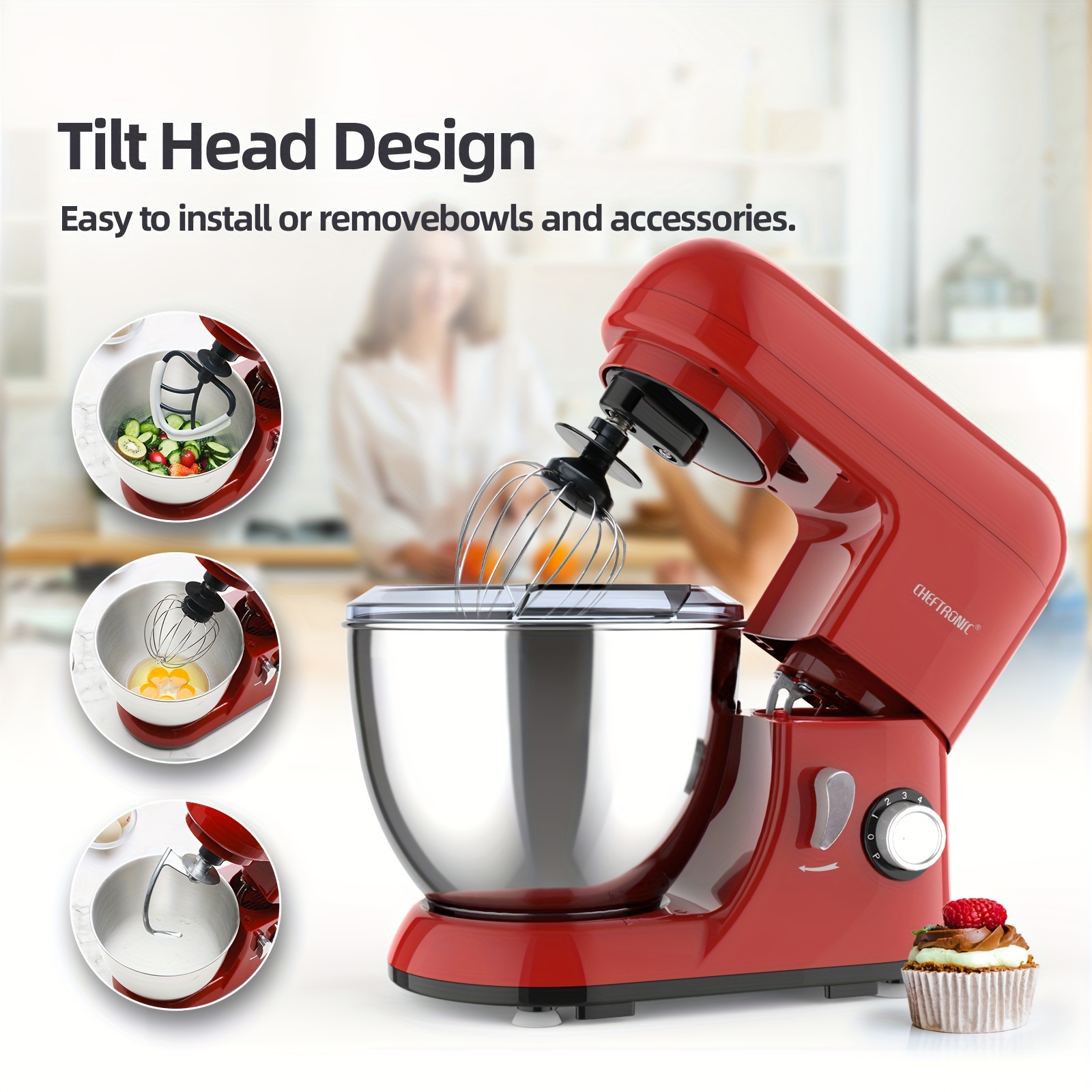 stand mixer 6 speeds 4 5 quart mixing bowl egg whisk flat mixing paddle dough hook and splash guard with pour spout red   985r details 0