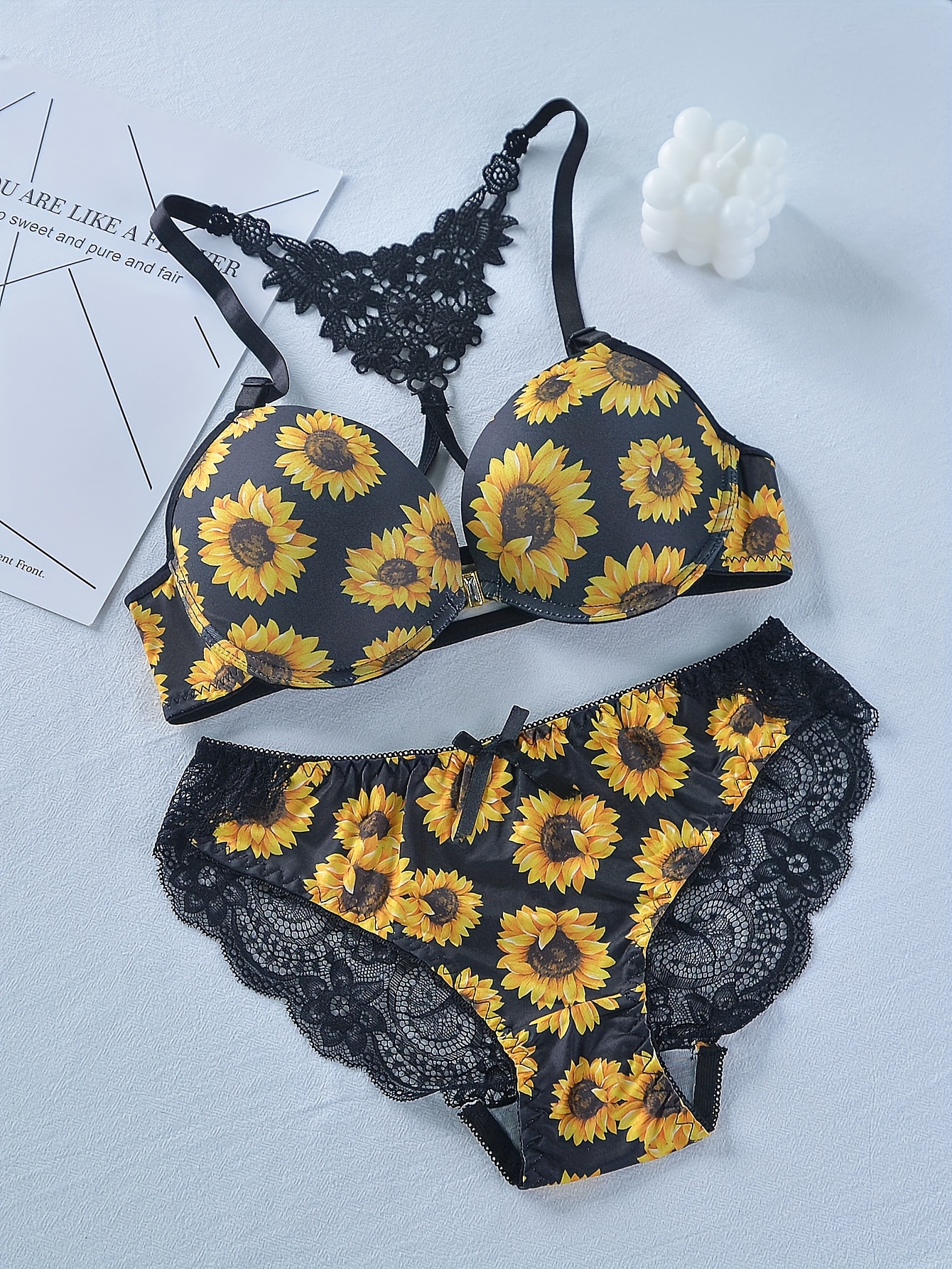 Sunflower Print Bra Panties Front Buckle Lace Bra Elastic - Temu
