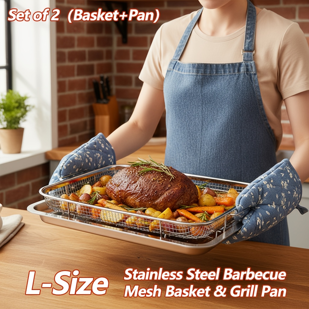 TEMU Ensemble de 2 pièces : Grand panier de barbecue et plateau de grillade en acier inoxydable - Support de panier de friture en acier inoxydable -